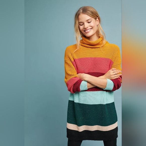 Anthropologie Dresses & Skirts - Farm Rio Anthropologie Striped Turtleneck Sweater Dress Multicolor Sz S